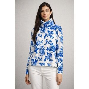 Dudley Stephens Blue White‎ Floral Toile Fleece Turtleneck Pullover Top Womens S